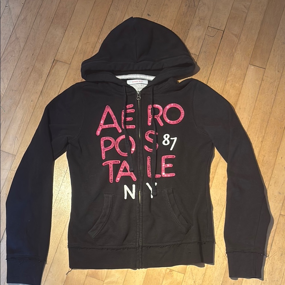 Aeropostale Black Zip-Up Hoodie with Pink Accents
